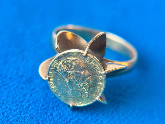 Vintage 14k Gold Ring with 9ct Gold Mexico 'Maximiliano Emperado' Coin