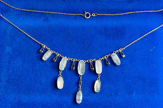 Victorian Sterling Silver - Moonstone + Sapphire Necklace