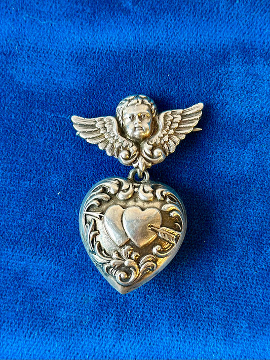 Antique Sterling Silver Cherub + Heart Pendant Brooch