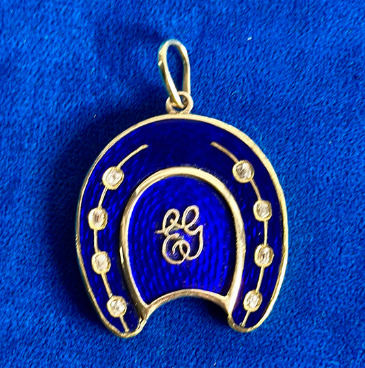 Georgian 18ct Gold, Guilloché Enamel + Old Mine Cut Diamond Horseshoe Pendant/Locket