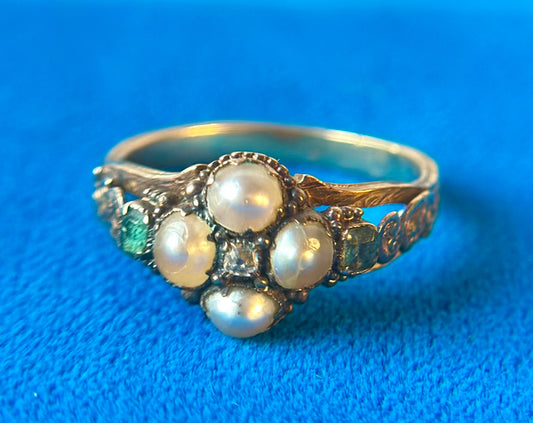 Victorian Pearl, Diamond, Emerald - 'Forget-Me-Not', 18ct Gold Ring
